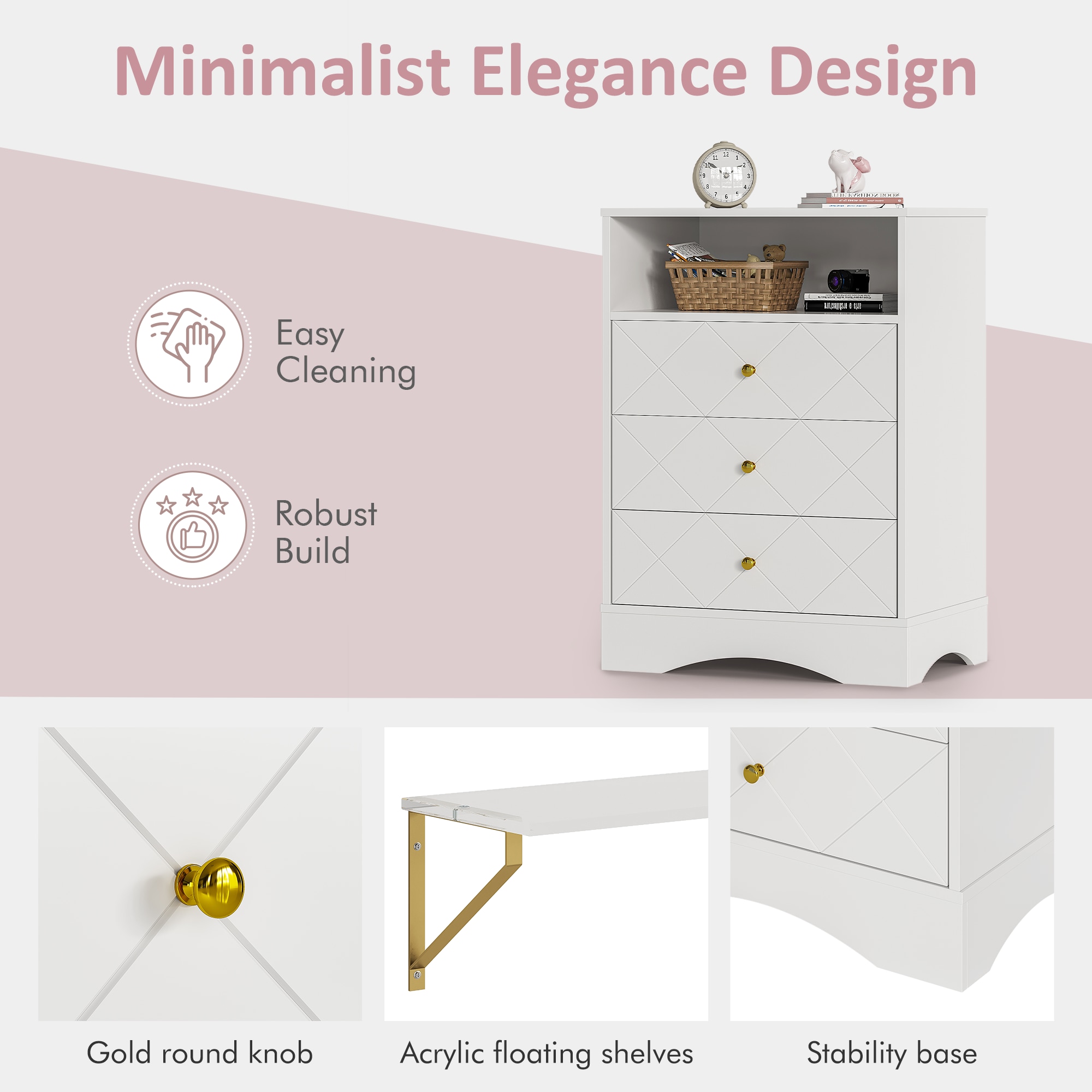 Dresser With Drawers & Floating Shelves, 3 Drawer Dresser With Open Storage & Painted Finish, Modern Storage Dresser For Toddler Room, Bedroom, Living Room, Closet, Hallway, White_maomaolike.com